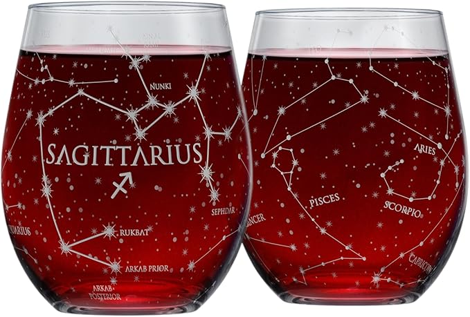 Greenline Goods Sagittarius Stemless Wine Glasses Zodiac Sagittarius Set Hand Etched 15 oz (Set of 2) - Astrology Sign Glassware - Sagittarius Home Decor for men
