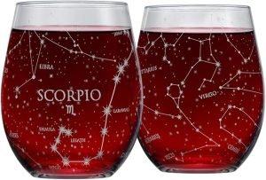 Greenline Goods Scorpio Stemless Wine Glasses Zodiac Scorpio Set Hand Etched 15 oz (Set of 2) - Astrology Sign Glassware - Scorpio Products for men
