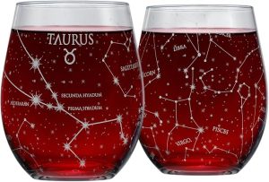 Greenline Goods Taurus Stemless Wine Glasses Zodiac Taurus Set Hand Etched 15 oz (Set of 2) - Astrology Sign Glassware - Taurus Products for men