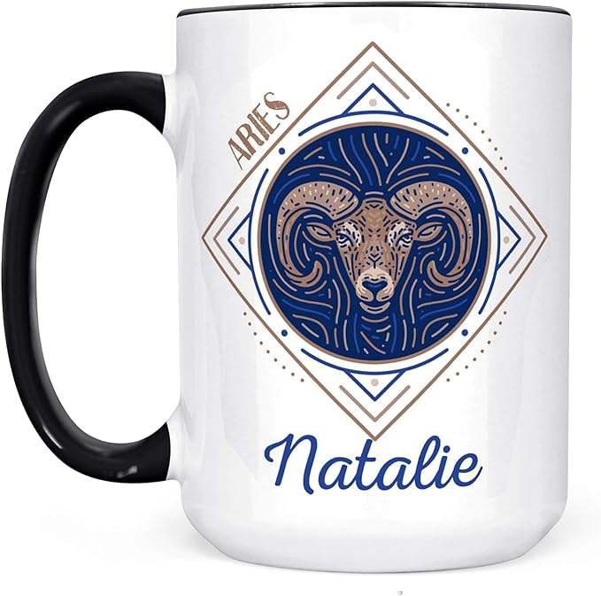Aries Zodiac Sign Personalized Coffee Mug | Custom Name Horoscope Gift | Astrology Birthday Mug | Dishwasher Microwave Safe | Aries Star Sign Ceramic Cup for Her or Him - Aries Keychain for men