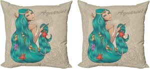 Ambesonne Zodiac Aquarius Throw Pillow Cushion Cover Pack of 2, Lady with Pearls Flowers Starfish Fantasy Character Graphic Design, Zippered Double-Side Digital Print Decor, 16", Multicolor - Aquarius Pillow for men