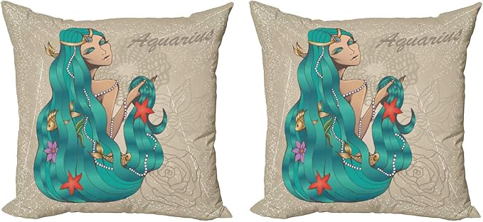 Ambesonne Zodiac Aquarius Throw Pillow Cushion Cover Pack of 2, Lady with Pearls Flowers Starfish Fantasy Character Graphic Design, Zippered Double-Side Digital Print Decor, 16", Multicolor - Aquarius Pillow for men