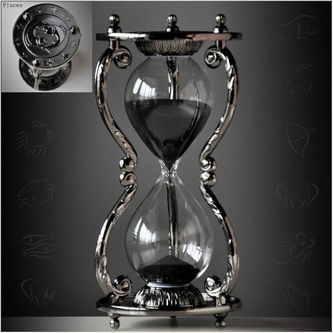 Black Antique Decorative Hourglass Sand Timer - 30 Minute, Unique Vintage 12 Constellations Metal Art Hour Glass for Office Desk Home Decor - Birthday Gift,Pisces - Pisces Home Decor for men