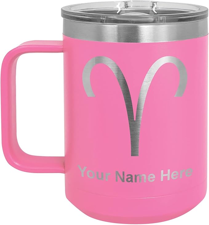 LaserGram 15oz Vacuum Insulated Coffee Mug, Zodiac Sign Aries, Personalized Engraving Included (Pink) - Aries Mug for men