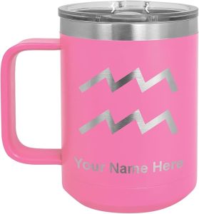 LaserGram 15oz Vacuum Insulated Coffee Mug, Zodiac Sign Aquarius, Personalized Engraving Included (Pink) - Aquarius Mug for men