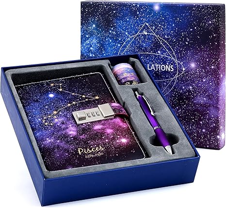 CAGIE Starry Constellation Lock Diary Set Gift Box with Pen & Tapes Secret Diary with Lock for Kids Girls Women Purple Journal Kit with Lock for Anniversary Birthday Holiday（Pisces） - Pisces for men