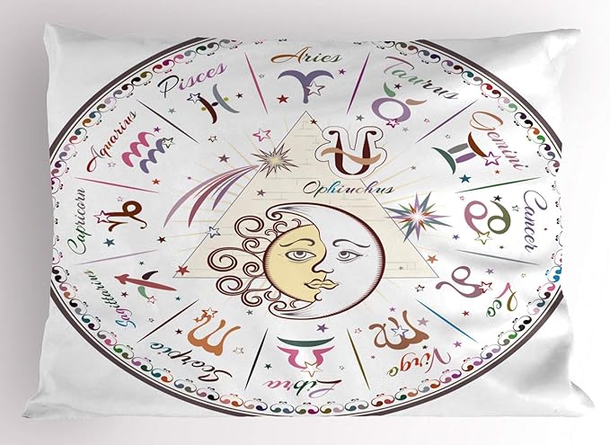 Ambesonne Zodiac Pillow Sham, Western Chart with All Signs Aries Virgo Leo Taurus Libra Mystique Fate Calendar, Decorative Standard Queen Size Printed Pillowcase, 30" X 20", Multicolor - Aries Pillow for men