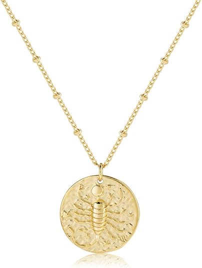 Zodiac Coin Embossed Choker Necklace Disc 12 Constellation Astrology Horoscope 14K Gold Plated Round Pendant Personalized Necklace Gift for Women Men - Scorpio Products for men
