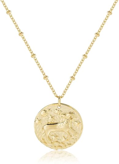 Zodiac Coin Embossed Choker Necklace Disc 12 Constellation Astrology Horoscope 14K Gold Plated Round Pendant Personalized Necklace Gift for Women Men - Aries Necklace for men