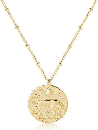 Zodiac Coin Embossed Choker Necklace Disc 12 Constellation Astrology Horoscope 14K Gold Plated Round Pendant Personalized Necklace Gift for Women Men - Taurus Products for men