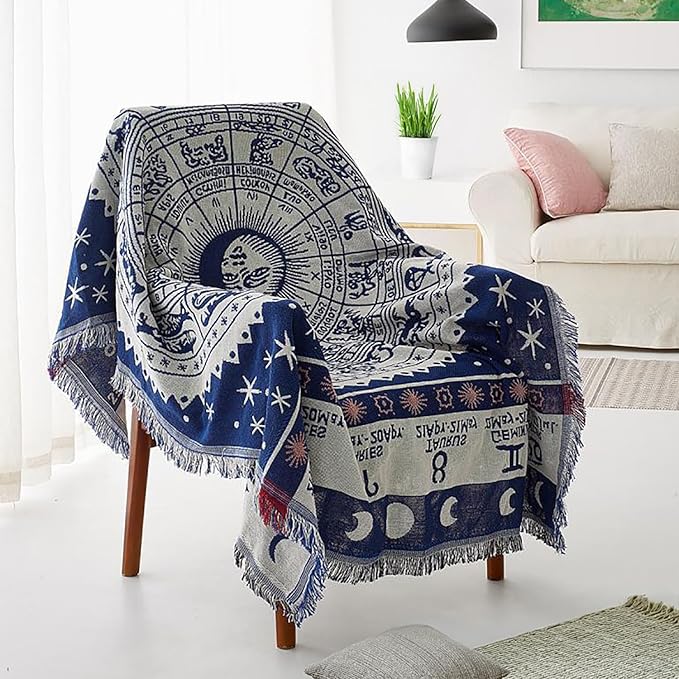 Boho Woven Throw Blanket Reversible Cotton Bohemian Tapestry Hippie Room Decor Witchy Astrology Zodiac Celestial Constellation Carpet Bed Chair Couch Sofa Cover Double Sided (Blue, S: 71x51) - Aries Blanket for men