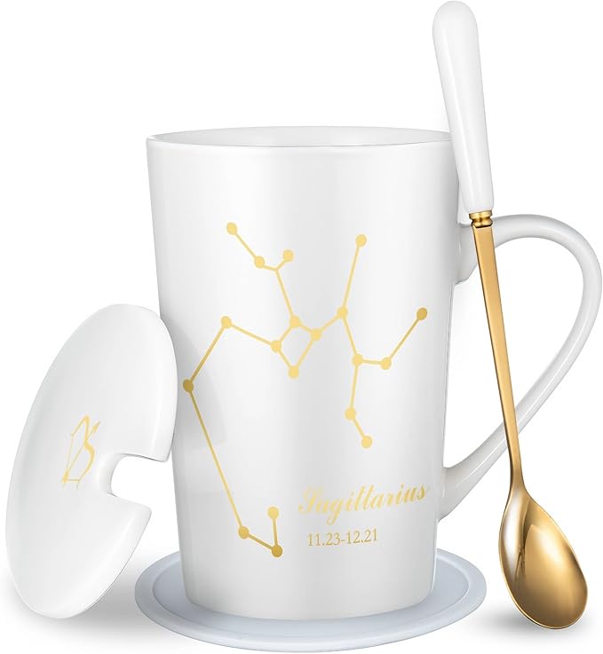 Sagittarius Gifts for Women 15oz Coffee Mug with Spoon Lid Upgrade Porcelain Tea Cup Sagittarius Birthday Gifts Decorations (White Gold) - Sagittarius Home Decor for men