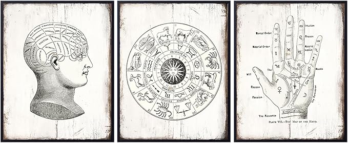 Occult Wall Art Set -8x10 Vintage Boho Rustic Home Decor, Decoration - Unique Mystical Shabby Chic Gift for Astrology, Zodiac Sign, Palm Reading, Palmistry, Phrenology, Tarot, Psychic, Fortune Teller - Pisces Home Decor for men