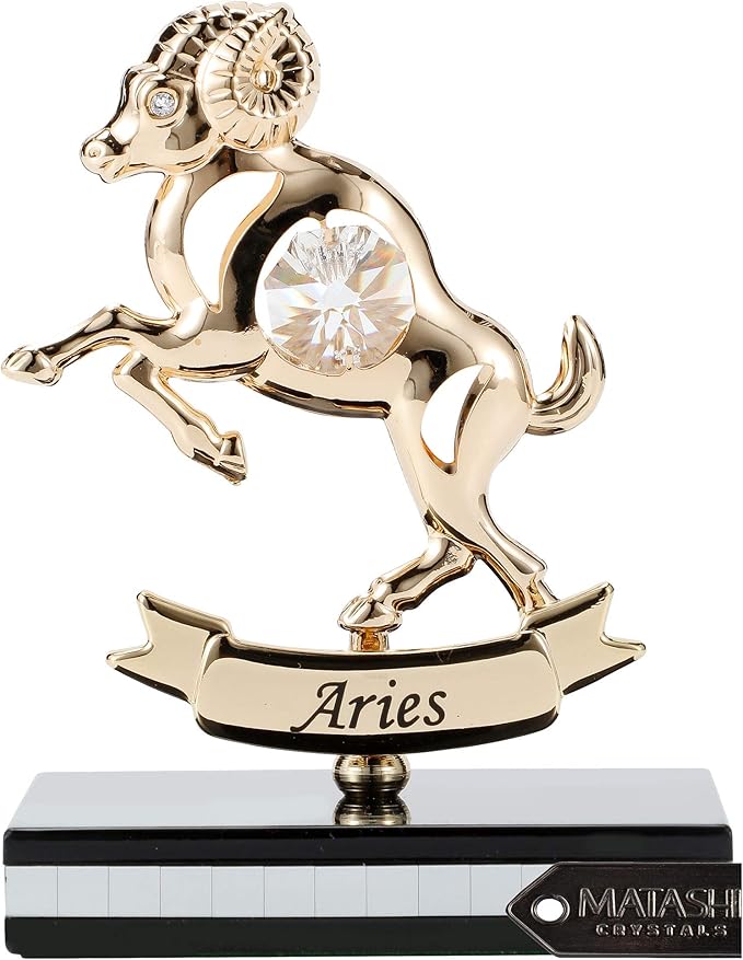 Matashi 24K Gold Plated Zodiac Astrological Sign Aries Figurine Statuette on Stand Studded with Crystals for Mom, Girlfriend, Boyfriend, Daughter, Son, Friend - Aries for men