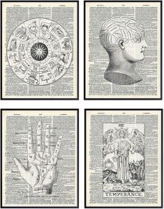 Zodiac Sign, Astrology, Tarot, Occult, Palm Reading, Palmistry, Phrenology, Tarot Wall Art - Vintage Mystical Arts Home Decor Set - Unique Goth Steampunk Gift for Psychic - Dictionary Photo - Pisces Home Decor for men