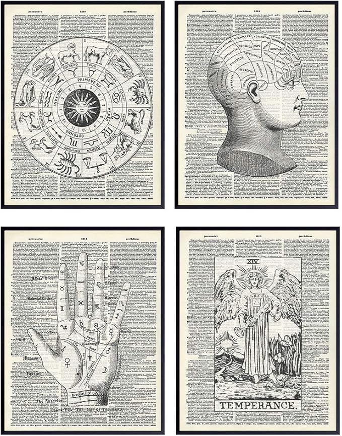 Zodiac Sign, Astrology, Tarot, Occult, Palm Reading, Palmistry, Phrenology, Tarot Wall Art - Vintage Mystical Arts Home Decor Set - Unique Goth Steampunk Gift for Psychic - Dictionary Photo - Pisces Home Decor for men
