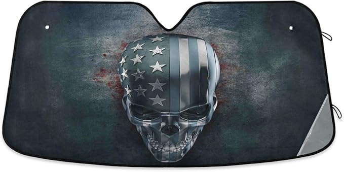 3D Metal Skull With USA Flag Car Windshield Sunshade Foldable Reflective Sun Shade Blocks UV Rays - Aries Car Ornament for men