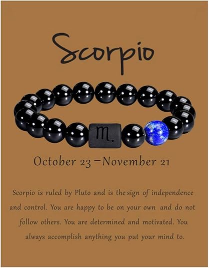 VLINRAS Zodiac Bracelet for Men Women, 8mm 10mm Natural Black Onyx Stone Star Sign Constellation Horoscope Bracelet Gifts - Scorpio Products for men