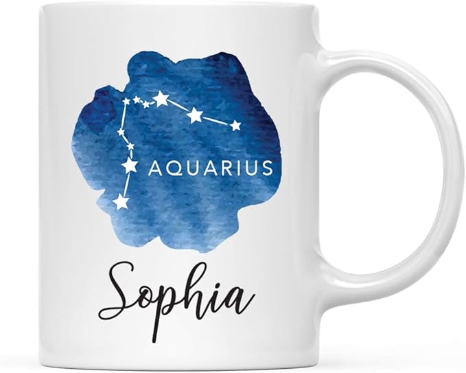 Andaz Press Astrological Zodiac Sign 11oz. Ceramic Coffee Tea Mug Gift, Aquarius Star Constellation, Watercolor Blue, Custom Name, 1-Pack, for Her, Him, Birthday Christmas Horoscope, Includes Gift Box - Aquarius Mug for men