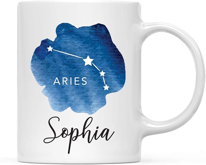 Andaz Press Astrological Zodiac Sign 11oz. Ceramic Coffee Tea Mug Gift, Aries Star Constellation, Watercolor Blue, Custom Name, 1-Pack, for Her, Him, Birthday, Christmas, Horoscope, Includes Gift Box - Aries Mug for men