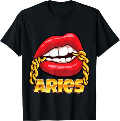 Juicy Lips Gold Chain Aries Zodiac Sign T-Shirt - Aries T-Shirt for men