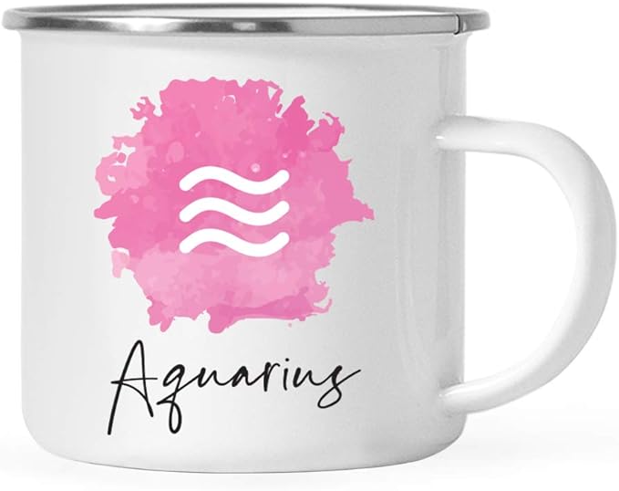 Andaz Press Astrological Zodiac Sign 11oz. Stainless Steel Campfire Coffee Tea Mug Gift, Aquarius Sign Symbol, Pink Watercolor Design, 1-Pack, Birthday, Christmas, Horoscope Gift Ideas, Gift Box - Aquarius Mug for men