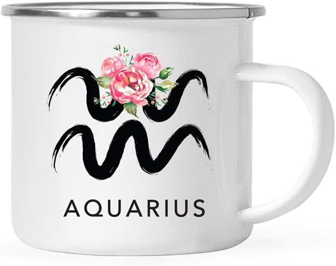 Andaz Press Astrological Zodiac Sign 11oz. Stainless Steel Campfire Coffee Tea Mug Gift, Aquarius Sign Symbol, Floral Brushed Stroke Design, 1-Pack, Birthday, Christmas, Horoscope Gift Ideas, Gift Box - Aquarius Mug for men