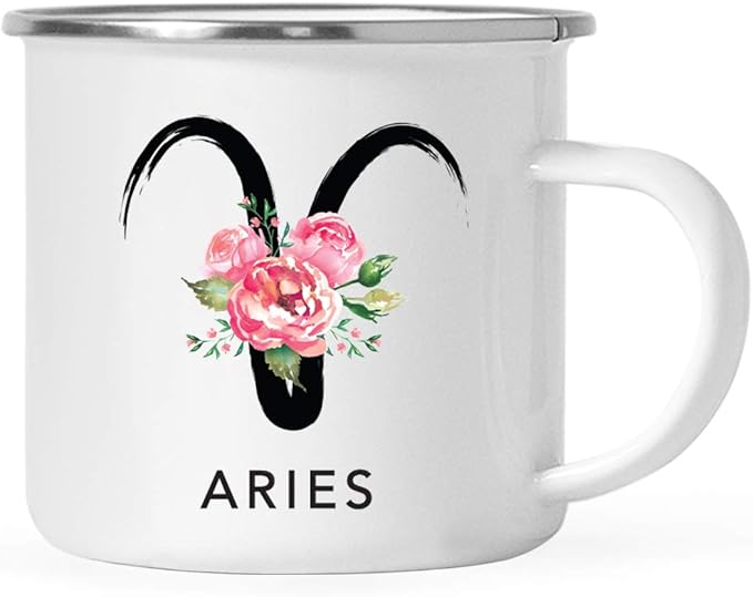 Andaz Press Astrological Zodiac Sign 11oz. Stainless Steel Campfire Coffee Tea Mug Gift, Aries Sign Symbol, Floral Brushed Stroke Design, 1-Pack, Birthday, Christmas, Horoscope Gift Ideas, Gift Box - Aries Mug for men