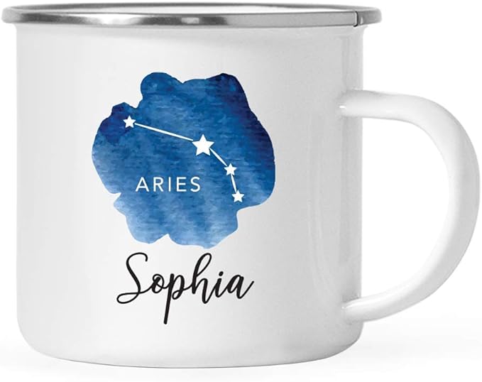 Andaz Press Astrological Zodiac Sign 11oz. Stainless Steel Campfire Coffee Tea Mug Gift, Aries Star Constellation, Watercolor Blue, Custom Name, 1-Pack, for Her, Him, Birthday, Christmas, Horoscope - Aries Mug for men