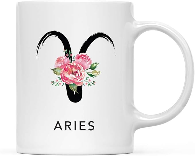 Andaz Press Astrological Zodiac Sign 11oz. Ceramic Coffee Tea Mug Gift, Aries Sign Symbol, Floral Brushed Stroke Design, 1-Pack, Birthday, Christmas, Horoscope Gift Ideas, Gift Box - Aries Mug for men