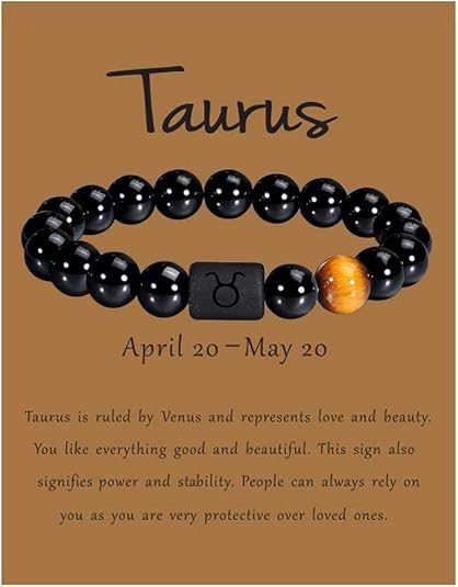 VLINRAS Zodiac Bracelet for Men Women, 8mm 10mm Natural Black Onyx Stone Star Sign Constellation Horoscope Bracelet Gifts - Taurus Products for men
