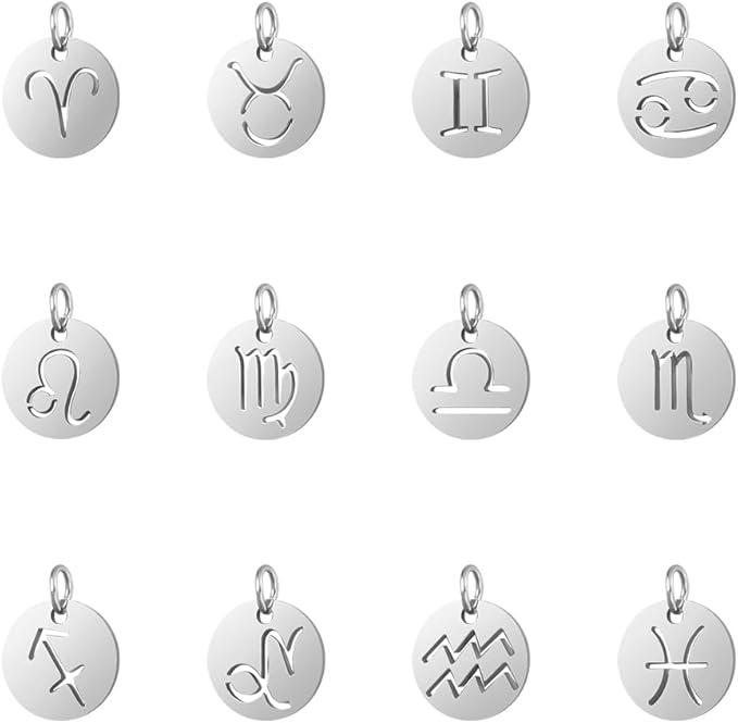 UNICRAFTALE 24pcs Flat Round with 12 Constellation Pendants 12mm Stainless Steel Mixed Sign Charms 3mm Small Hole Zodiac Sign Charm for DIY Necklace Bracelet Jewelry Making,Hole 3mm - Aries Necklace for men
