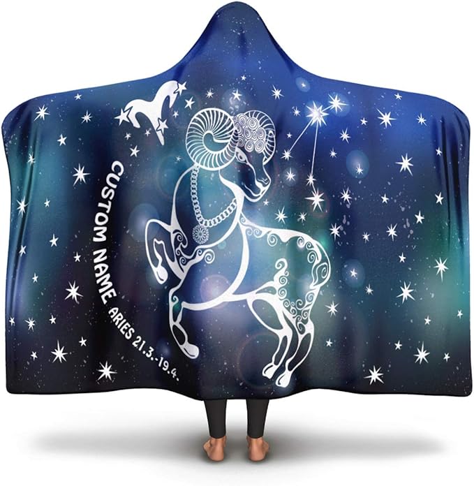 Personalized Aries Horoscope Zodiac Star Sign Throw Blanket, Hooded Blanket for Teens and Adults (Microfiber Fleece, Adult (80 in x 55 in)) - Aries Blanket for men