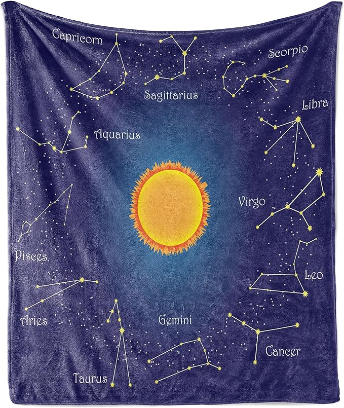 Lunarable Astrology Throw Blanket, Celestial Star Chart Constellation Around Sun on The Sky Aries Sign, Flannel Fleece Accent Piece Soft Couch Cover for Adults, 70" x 90", Dark Blue Orange - Aries Blanket for men