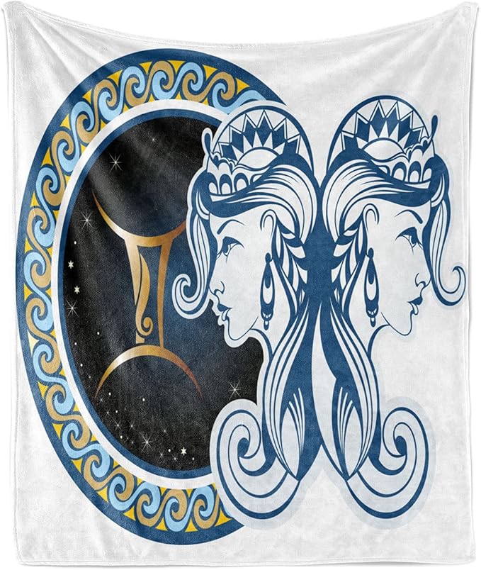 Ambesonne Zodiac Throw Blanket, Gemini Motif Women Future Celestial Information Cosmos Theme Constellation, Flannel Fleece Accent Piece Soft Couch Cover for Adults, 50" x 70", Multicolor - Gemini Blanket for men