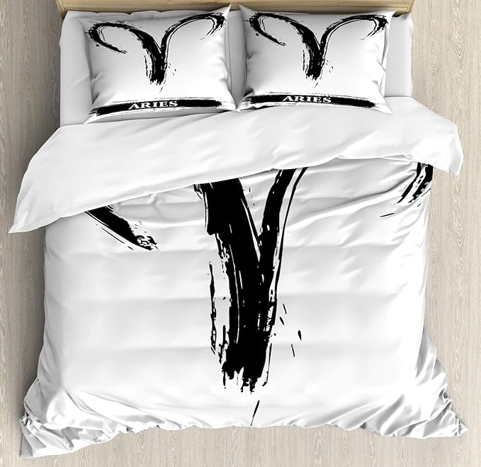 Ambesonne Astrology Duvet Cover Set, Aries Astrology Sign with Grunge Illustration Elements Character Venus, Decorative 3 Piece Bedding Set with 2 Pillow Shams, California King, White Black - Aries Blanket for men