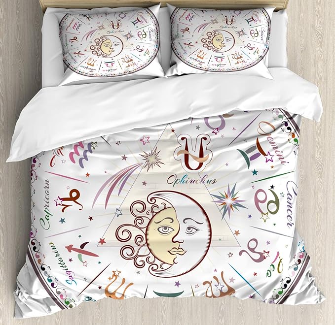 Ambesonne Zodiac Duvet Cover Set, Western Chart with All Signs Aries Virgo Leo Taurus Libra Mystique Fate Calendar, Decorative 3 Piece Bedding Set with 2 Pillow Shams, California King, Multicolor - Aries Pillow for men