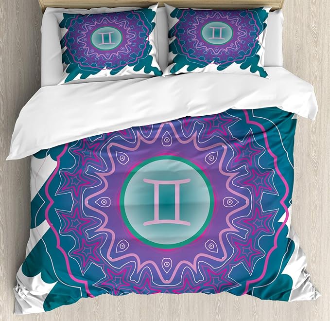 Ambesonne Zodiac Gemini Duvet Cover Set, Doodle Style Mandala Round Pattern with Cosmic Sign and Scribble, Decorative 3 Piece Bedding Set with 2 Pillow Shams, California King, Teal Pink and Green - Gemini Blanket for men