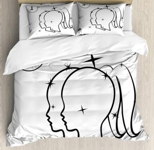 Ambesonne Zodiac Gemini Duvet Cover Set, Mystical Sign with Women Portrait Outlines with Stars Sisters of Zodiac, Decorative 3 Piece Bedding Set with 2 Pillow Shams, California King, Black and White - Gemini Blanket for men