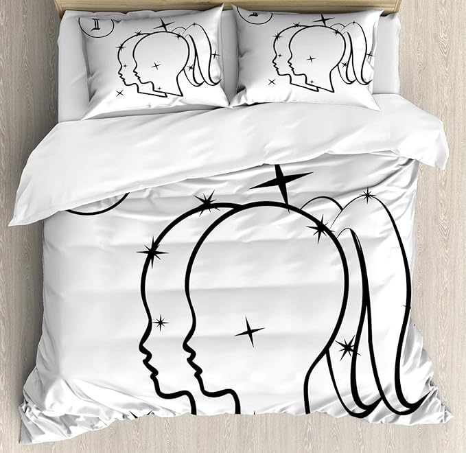 Ambesonne Zodiac Gemini Duvet Cover Set, Mystical Sign with Women Portrait Outlines with Stars Sisters of Zodiac, Decorative 3 Piece Bedding Set with 2 Pillow Shams, California King, Black and White - Gemini Blanket for men