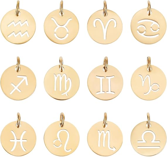Stainless Steel 12 Constellations Charm Zodiac Sign Pendants Charms Golden Flat Round with Constellation Pendant for DIY Jewelry Craft Making - Aries Bracelet for men