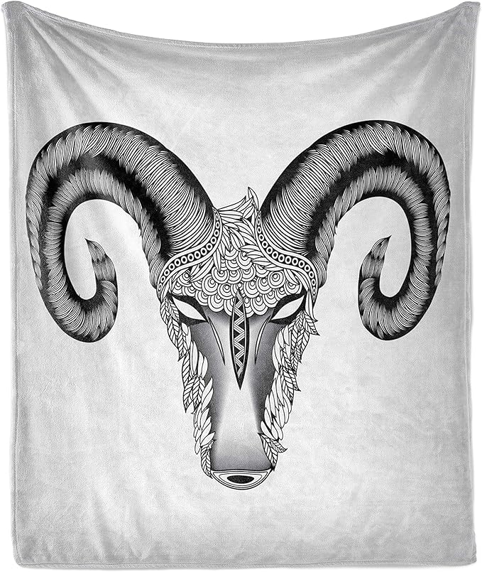 Ambesonne Zodiac Aries Throw Blanket, Head of Aries Illustration with Motifs, Flannel Fleece Accent Piece Soft Couch Cover for Adults, 50" x 70", Pale Grey White - Aries Blanket for men