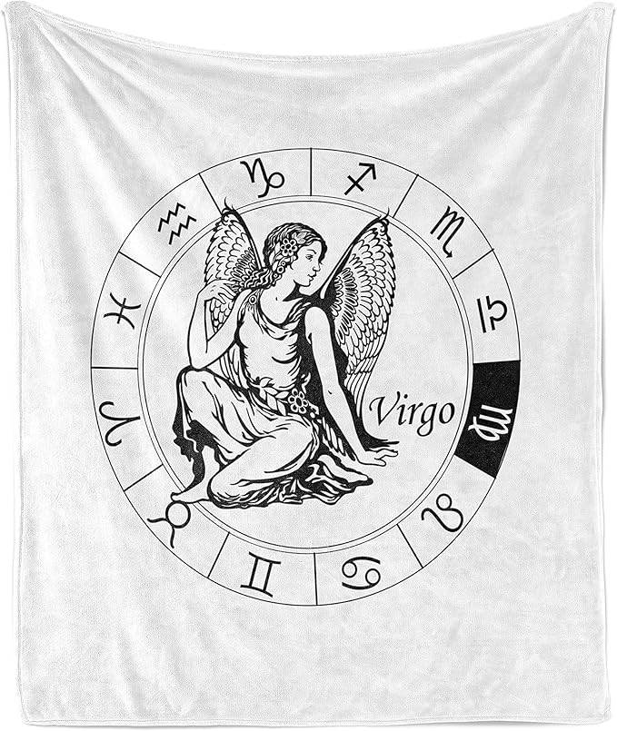 Ambesonne Virgo Throw Blanket, Black and White Zodiac Sign Horoscope Greek Culture Inspired Elements Mythological, Flannel Fleece Accent Piece Soft Couch Cover for Adults, 50" x 70", Black White - Virgo Blanket for men
