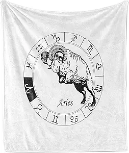 Ambesonne Zodiac Aries Throw Blanket, Zodiac Wheel with 12 Signs and Jumping Animal Esoteric Print, Flannel Fleece Accent Piece Soft Couch Cover for Adults, 50" x 70", White and Black - Aries Blanket for men