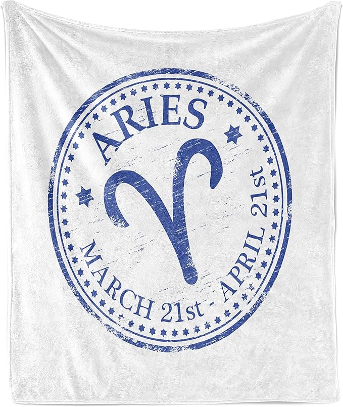 Ambesonne Zodiac Aries Throw Blanket, Vintage Rubber Stamp Design with Horoscope Sign Stars and Dates, Flannel Fleece Accent Piece Soft Couch Cover for Adults, 50" x 70", Royal Blue and White - Aries Blanket for men