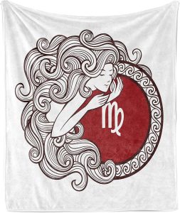 Ambesonne Virgo Throw Blanket, Vintage Horoscope Concept Fantasy Character Illustration with Round Sketchy Art, Flannel Fleece Accent Piece Soft Couch Cover for Adults, 50" x 70", White Brown Ruby - Virgo Blanket for men