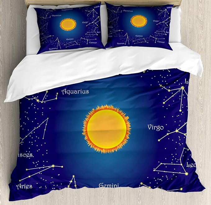 Lunarable Astrology Duvet Cover Set, Celestial Star Chart Constellation Around Sun on The Sky Aries Sign, Decorative 3 Piece Bedding Set with 2 Pillow Shams, California King, Dark Blue Orange - Aries Pillow for men
