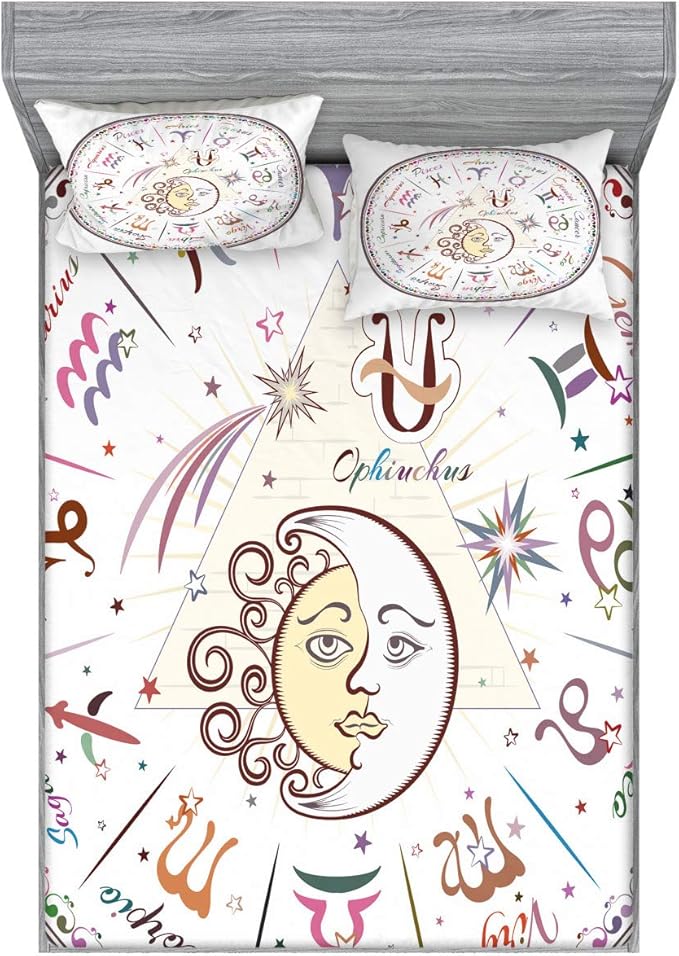 Ambesonne Zodiac Fitted Sheet & Pillow Sham Set, Western Chart with All Signs Aries Virgo Leo Taurus Libra Mystique Fate Calendar, Decorative Printed 3 Piece Bedding Decor Set, King, Multicolor - Aries Pillow for men