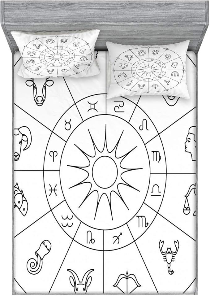 Ambesonne Astrology Fitted Sheet & Pillow Sham Set, Sketchy Zodiacal Circle with Astrology Signs Aries Aquarius Pisces Lion Art, Decorative Printed 3 Piece Bedding Decor Set, King, Black and White - Aries Pillow for men