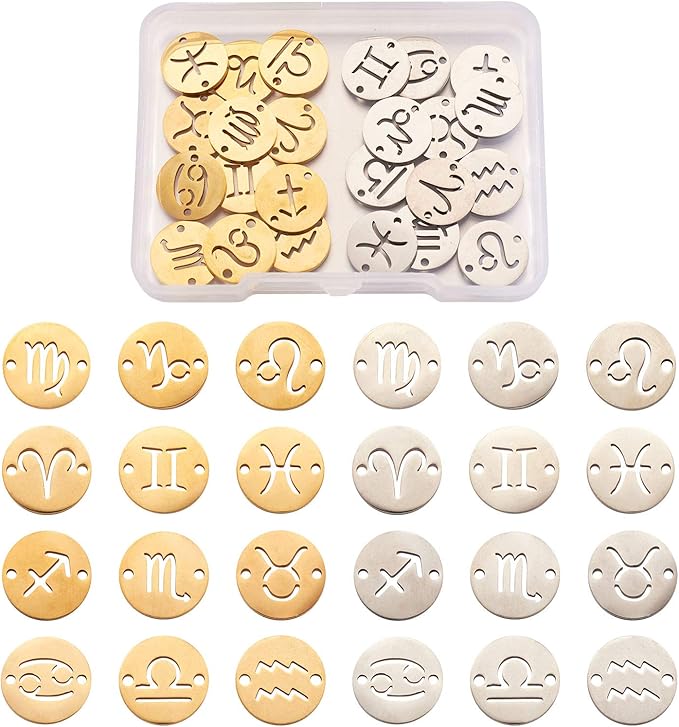 Mega Pet 24pcs Titanium Steel12 Constellation Flat Round Charm Links with 2 Holes Zodiac Signs Bracelet Connector Pendants Double Sides for DIY Jewelry Making, Golden & Platinum - Aries Bracelet for men